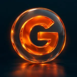 Google G in orange glass on a dark navy background.